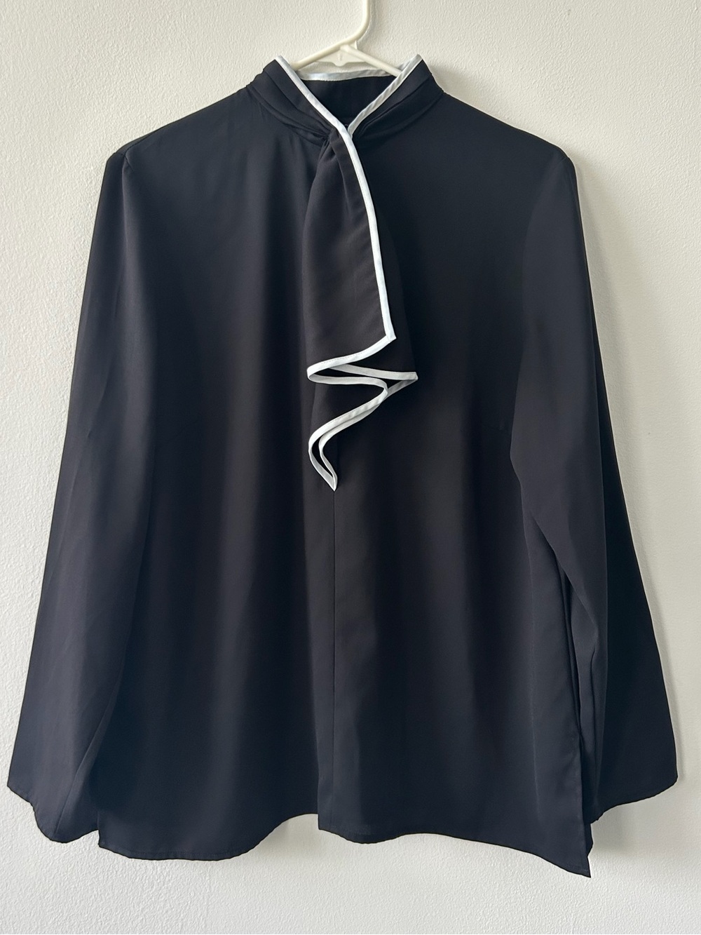 Ming Wang Black Long-Sleeve Dress Shirt with White Trim Scarf Detail